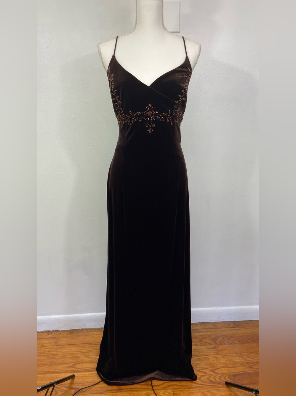 Dave & Johnny Velvet Formal Maxi Dress Velour Brown 14 Beaded Babydoll NEW Y2K